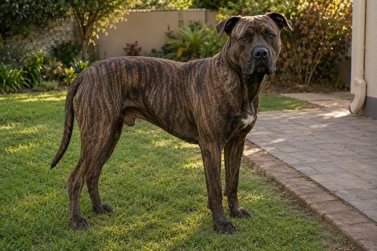 Blade, an American Staffordshire Terrier, standing in the garden