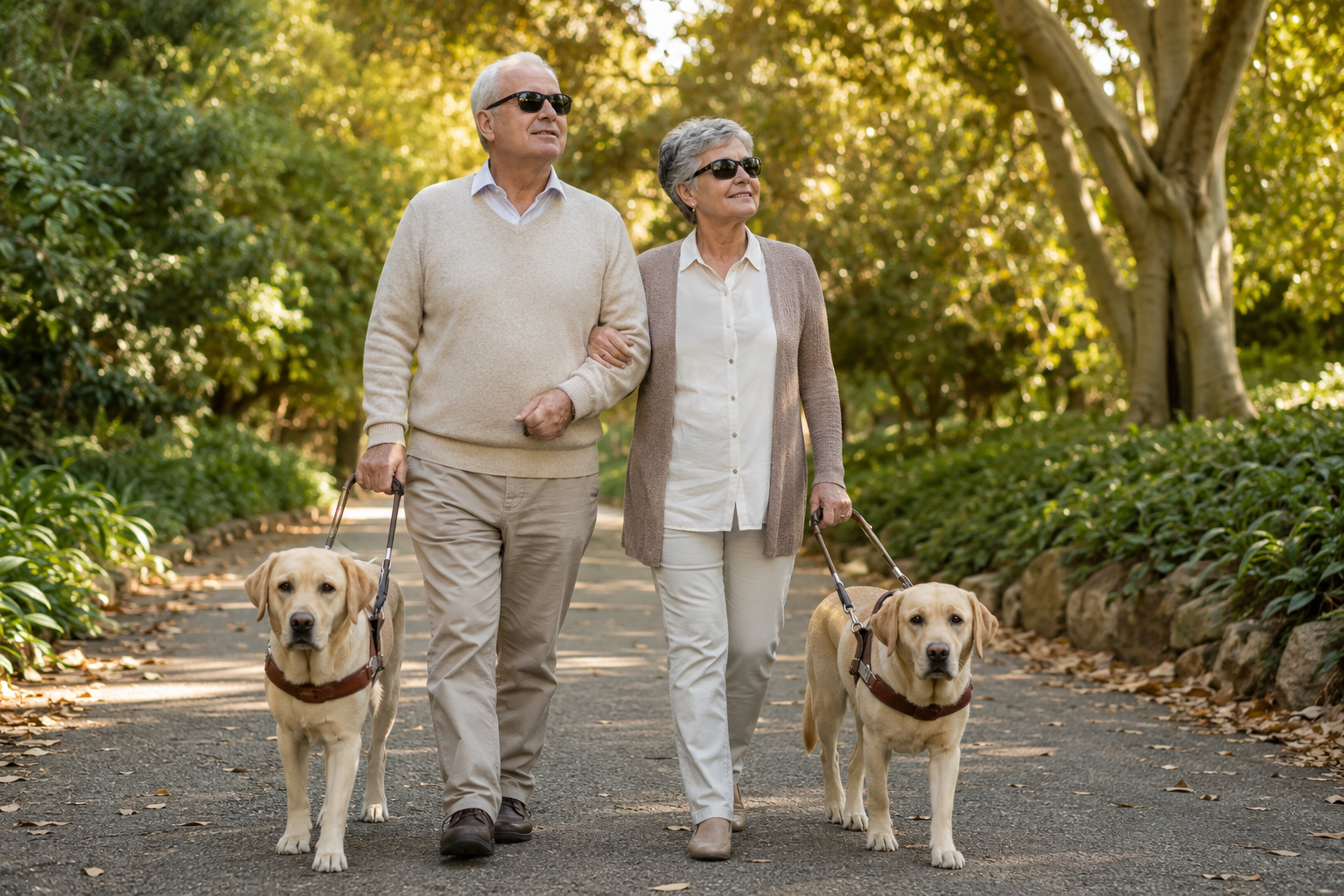 Illustrative representation of two Labrador guide dogs walking with an elderly couple