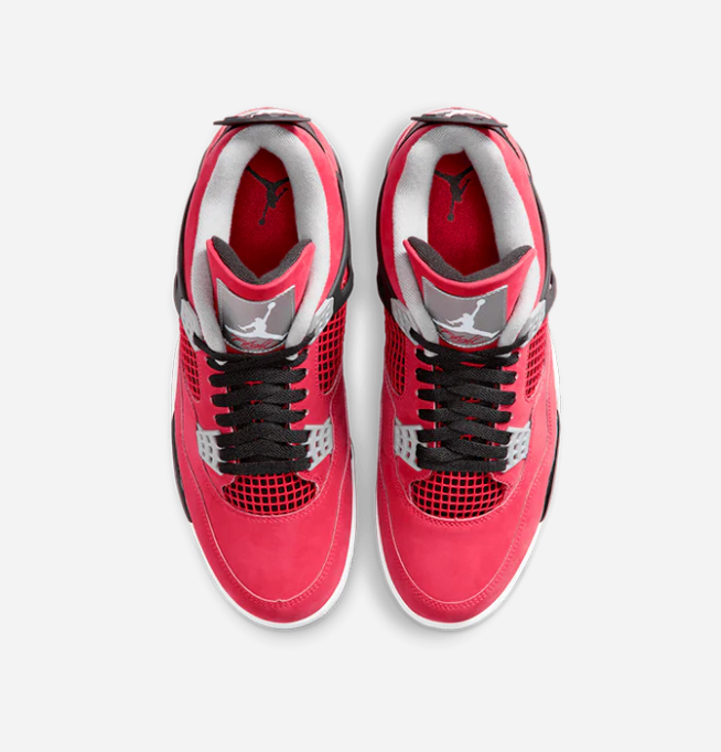 Air Jordan 4 Retro Toro Bravo – top down pair view showing black laces and red suede upper