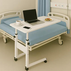 Large adjustable overbed table spanning full width of hospital bed with laptop and coffee
