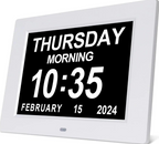 White dementia day clock showing Thursday Morning 10:35