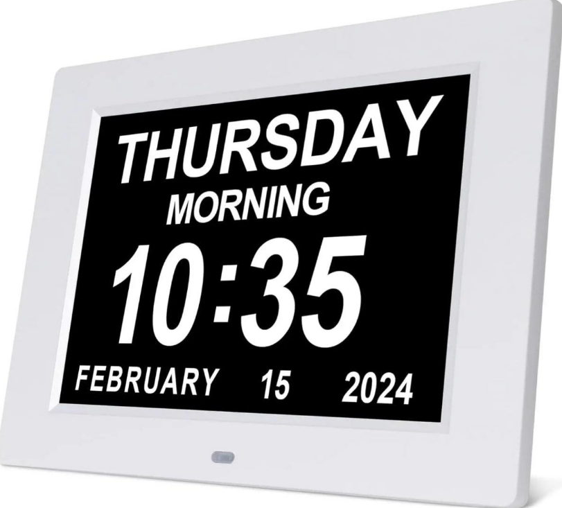 White dementia day clock showing Thursday Morning 10:35