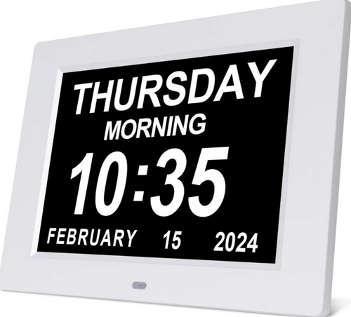 White dementia day clock showing Thursday Morning 10:35