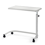 Adjustable overbed table with wooden top and castors next to home bed with food on top