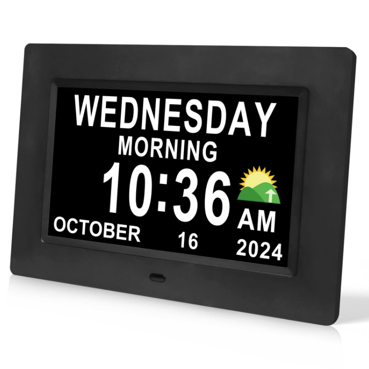 Dementia day clock showing Wednesday Morning 10:36 with sunrise icon