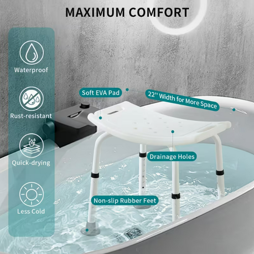 Shower chair maximum comfort features — EVA pad, drainage holes, non-slip feet