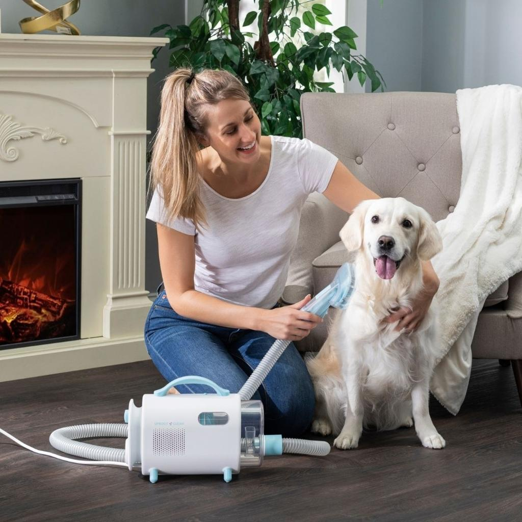 Woman using pet grooming vacuum on golden retriever at home