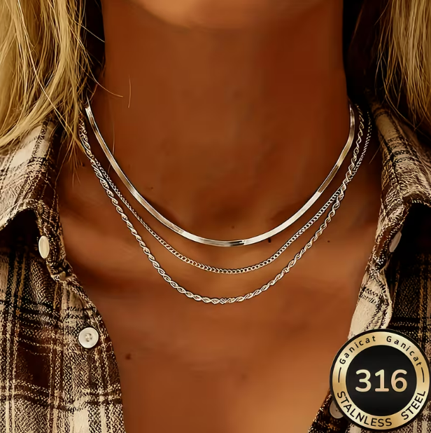 Cascade Argéntée Triple Layer Necklace Set – silver layered necklaces styled with plaid shirt