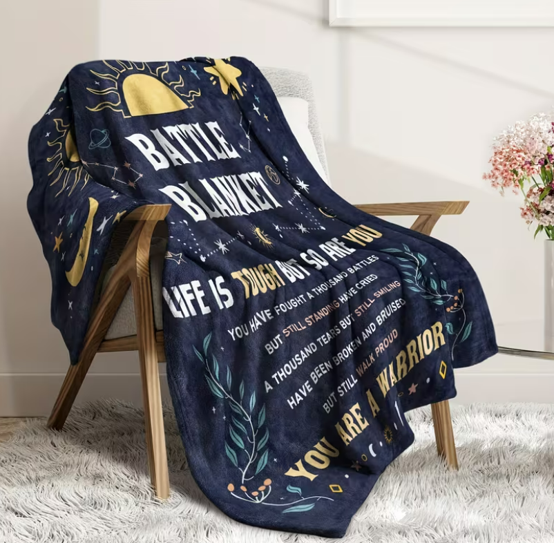 Battle Blanket draped on chair - cancer patient comfort gift