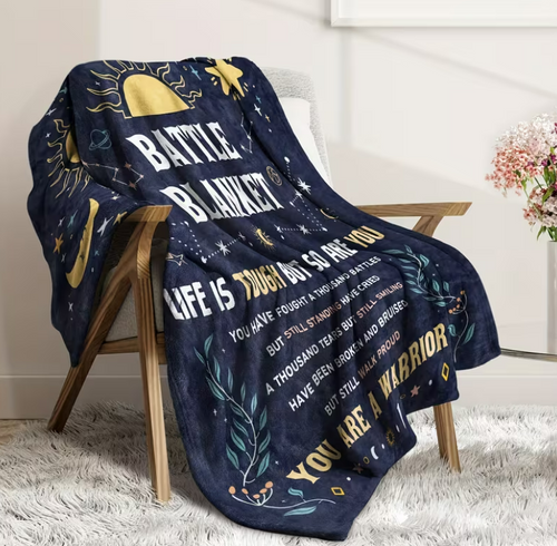 Battle Blanket draped on chair - cancer patient comfort gift