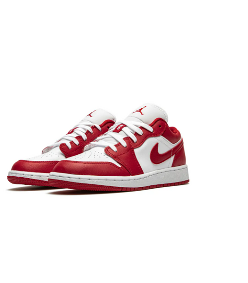 Air Jordan 1 Low Gym Red White – pair three-quarter front view showing Swoosh and Jumpman tongue