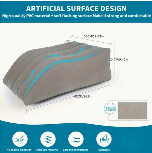 Inflatable leg wedge pillow dimensions — 63x50x24cm, soft PVC flocking