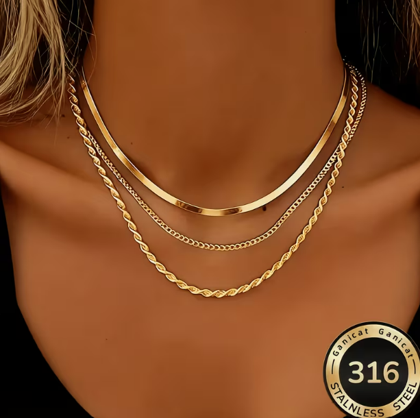 Cascade Dorée Triple Layer Necklace Set – gold herringbone, curb and rope chains worn on neck
