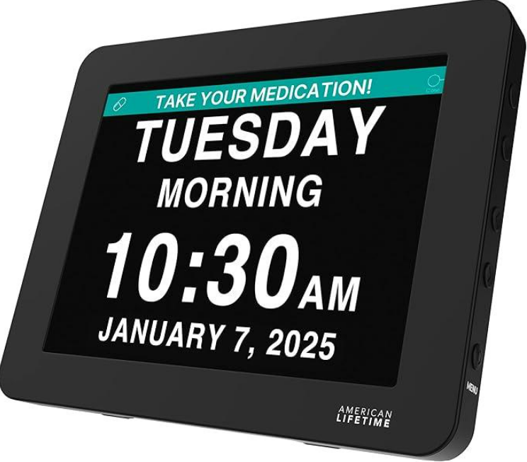 Dementia clock with medication reminder showing Tuesday Morning 10:30