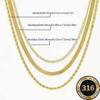 Cascade Dorée Triple Layer Necklace Set – gold chain dimensions flat lay, 44.2cm, 39cm, 36cm
