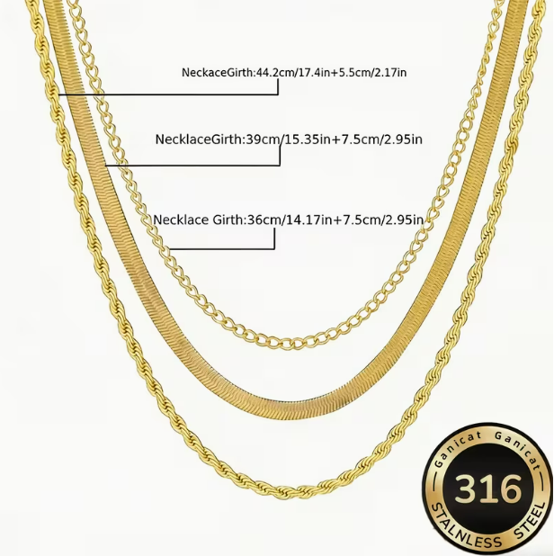 Cascade Dorée Triple Layer Necklace Set – gold chain dimensions flat lay, 44.2cm, 39cm, 36cm