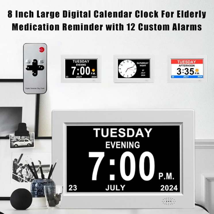 8 inch large digital calendar clock for elderly with remote control and multiple display modes