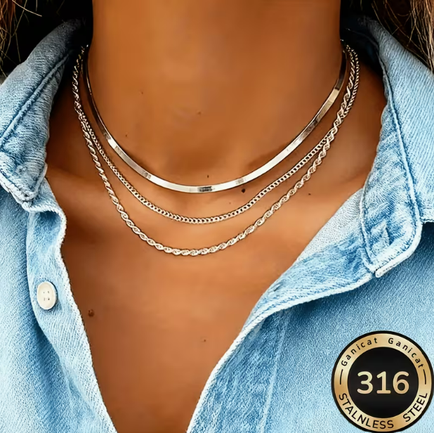 Cascade Dorée Triple Layer Necklace Set – gold layered necklaces styled with denim shirt