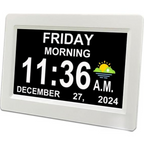White dementia clock showing Friday Morning 11:36 with weather icon