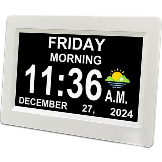 White dementia clock showing Friday Morning 11:36 with weather icon
